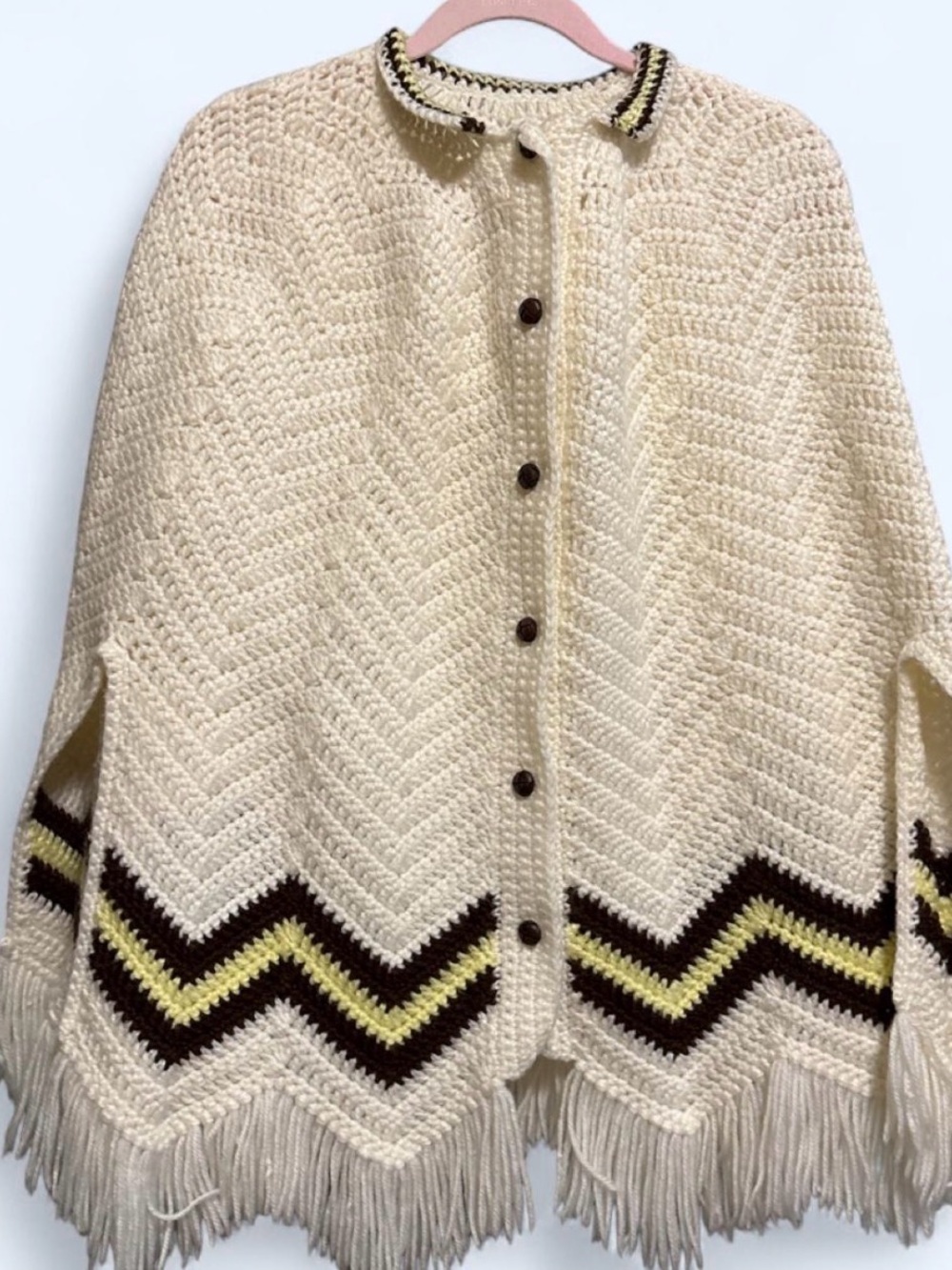 Vintage Cream Chevron Fringe Knit Poncho